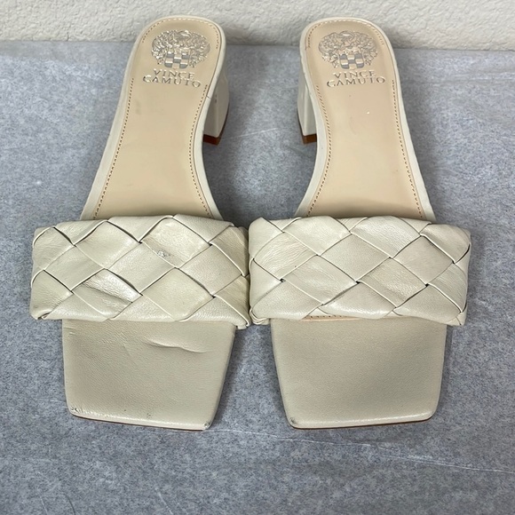 New Vince Camuto Semtera Block Heel Slide Sandal Cream Beige Braided Sz 9.5 - Picture 3 of 12